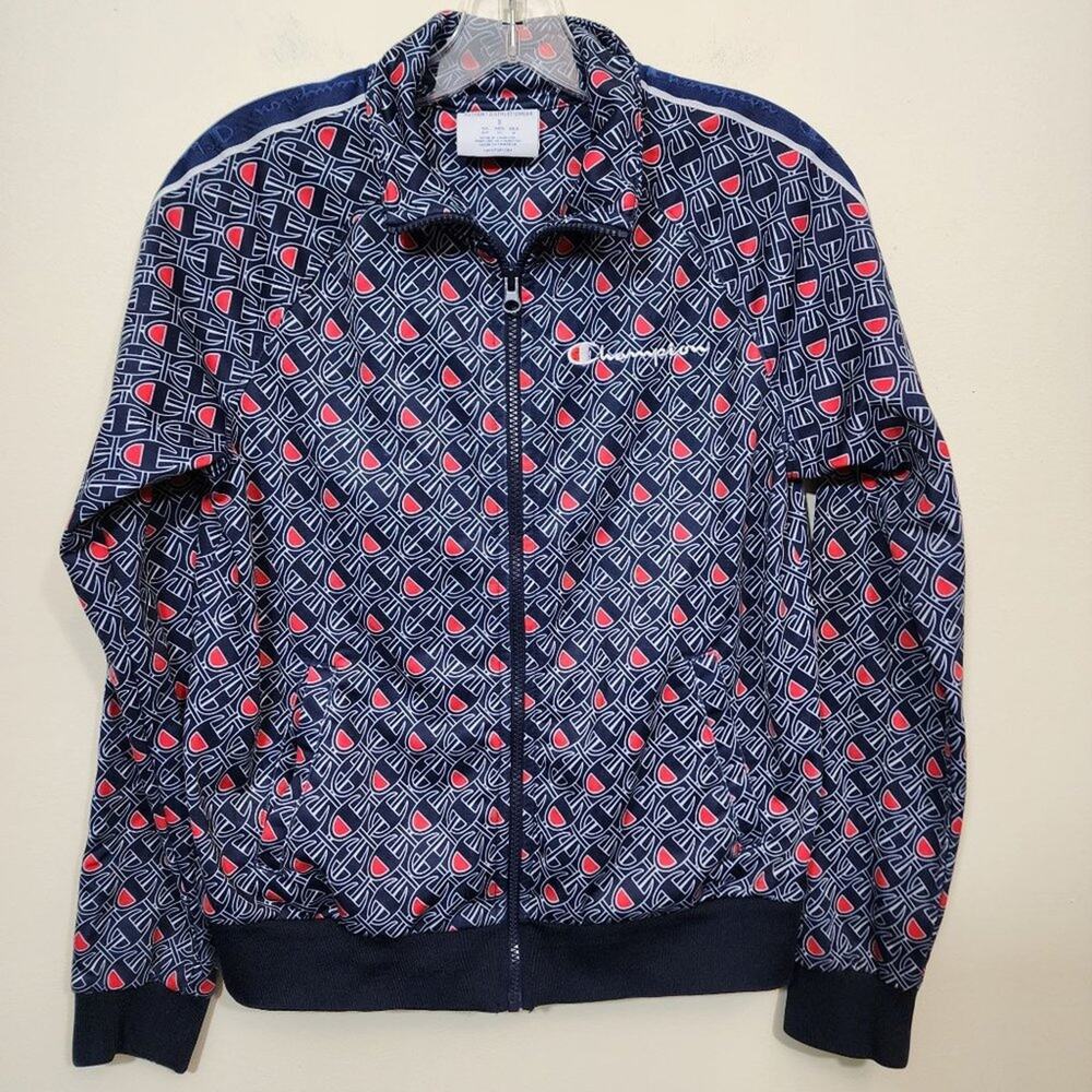 Champion navy all over C-link logo zip front track jacket woman's size medium‎